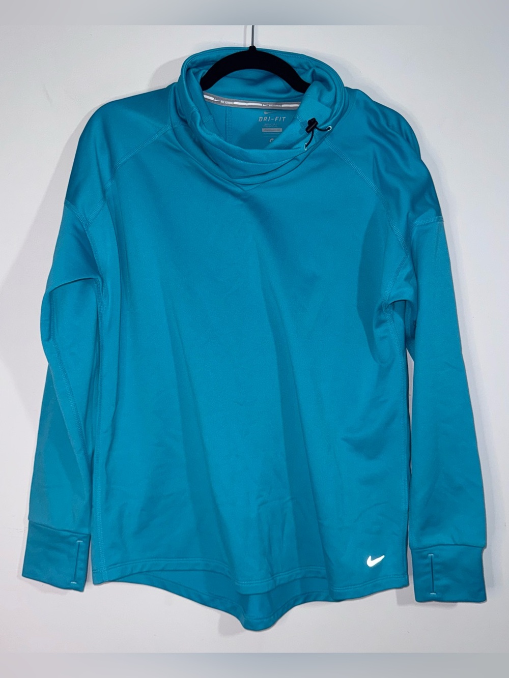 Nike Dri-FIT Running Cowl Neck Pullover Thumbhole Top Teal Blue Women’s M